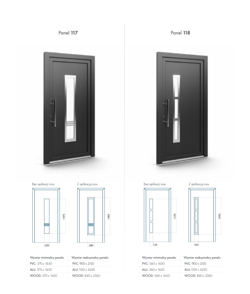 Dwa modele drzwi wejściowych w kolorze antracytowym, z różnymi wariantami przeszkleń i specyfikacją techniczną. Panel 117 z pojedynczym, a Panel 118 z trzema przeszkleniami.