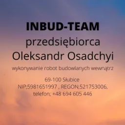 Wizytówka firmy INBUD-TEAM przedsiębiorcy Oleksandra Osadchyi z Słubic, oferującej wykonywanie robót budowlanych wewnątrz, z numerem NIP, REGON i telefonem na tle rozmytego nieba o zachodzie słońca.