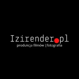 Logo firmy Izirender.pl oferującej produkcję filmów i fotografię, z czerwonym okręgiem w nazwie domeny na czarnym tle.
