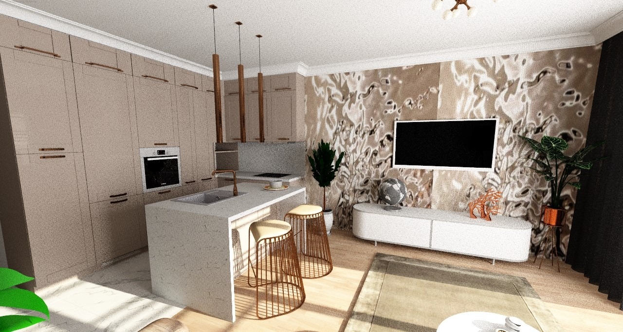 Wizualizacja wnętrza: kuchnia z wyspą i salonem w beżowo-brązowej tonacji, charakterystyczna tapeta z wzorem na ścianie za telewizorem, nowoczesne hokery przy wyspie kuchennej, minimalistyczne...
