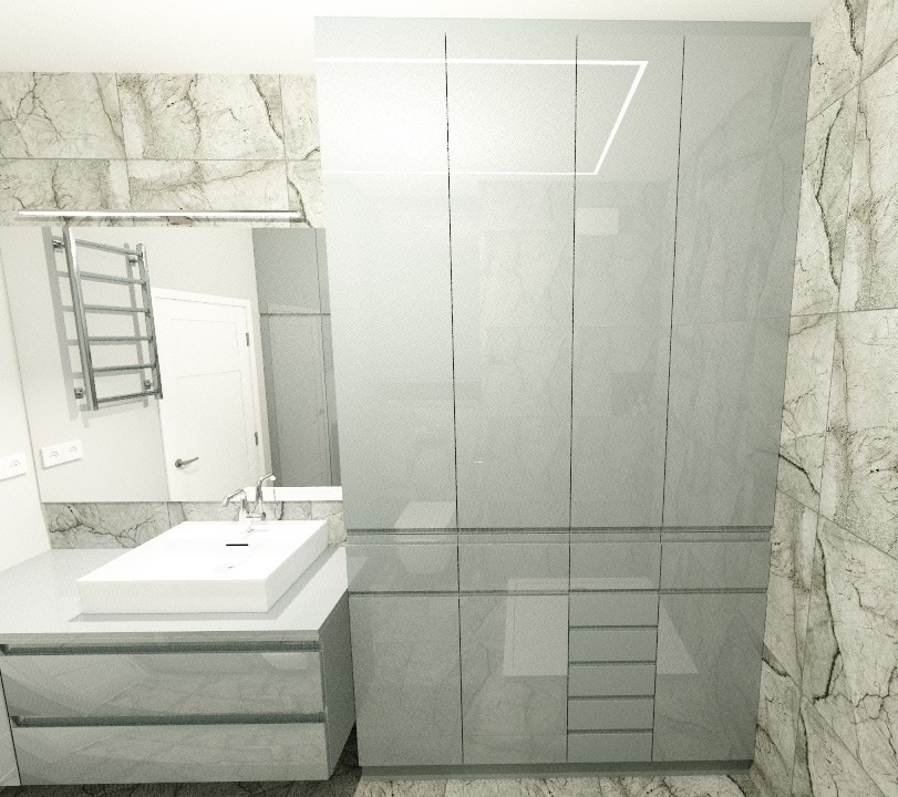 Nowoczesna łazienka z szarą zabudową meblową, umywalką nablatową i marmurowymi płytkami na ścianach.