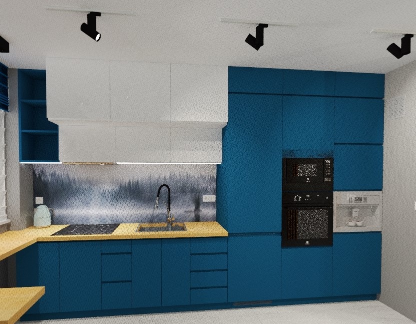 Nowoczesna kuchnia z turkusowymi szafkami, jasnymi blatami i dekoracyjnym panelem ściennym z motywem leśnym, oświetlona punktowymi lampami sufitowymi.