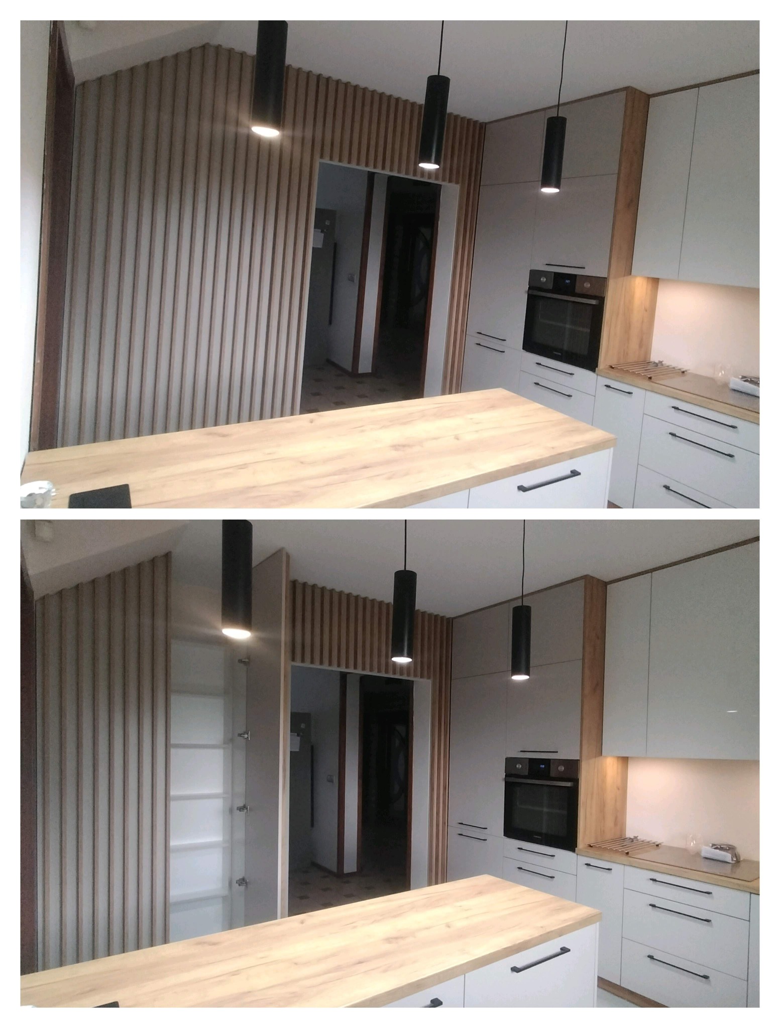 Nowoczesna kuchnia z drewnianym blatem i lamelami na ścianie. Czarne lampy wiszące dodają elegancji. Widoczne fronty szafek w odcieniach bieli i szarości.