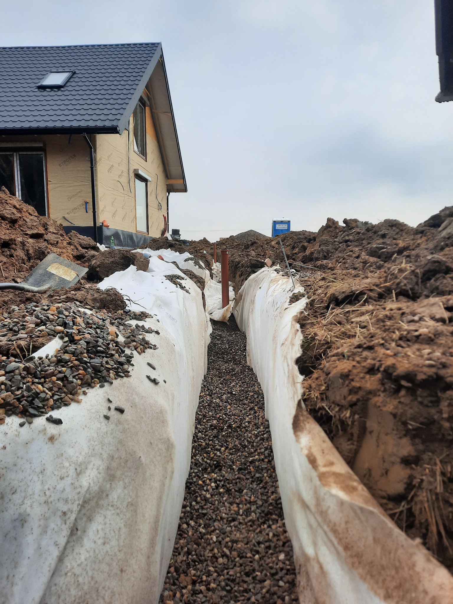 Długi, wąski wykop wyłożony białą tkaniną, wypełniony drobnym żwirem, biegnący wzdłuż fundamentów domu w trakcie budowy.