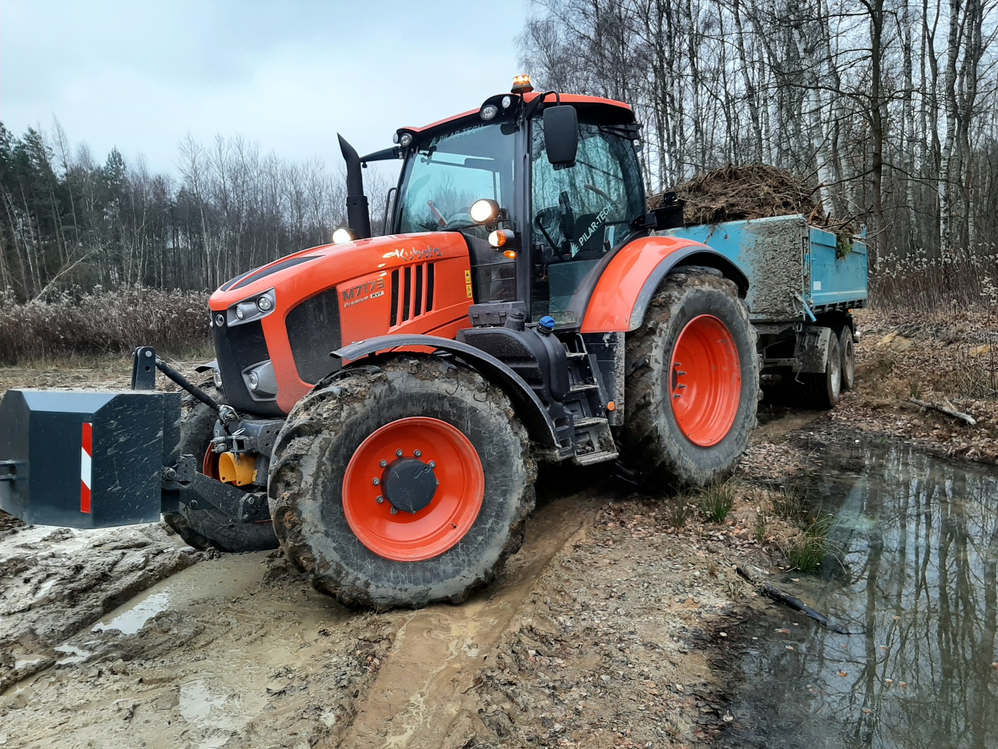 Pomarańczowy ciągnik Kubota M7173 z przyczepą wypełnioną gałęziami, stoi na błotnistej drodze w lesie, odbicie drzew w wodzie.