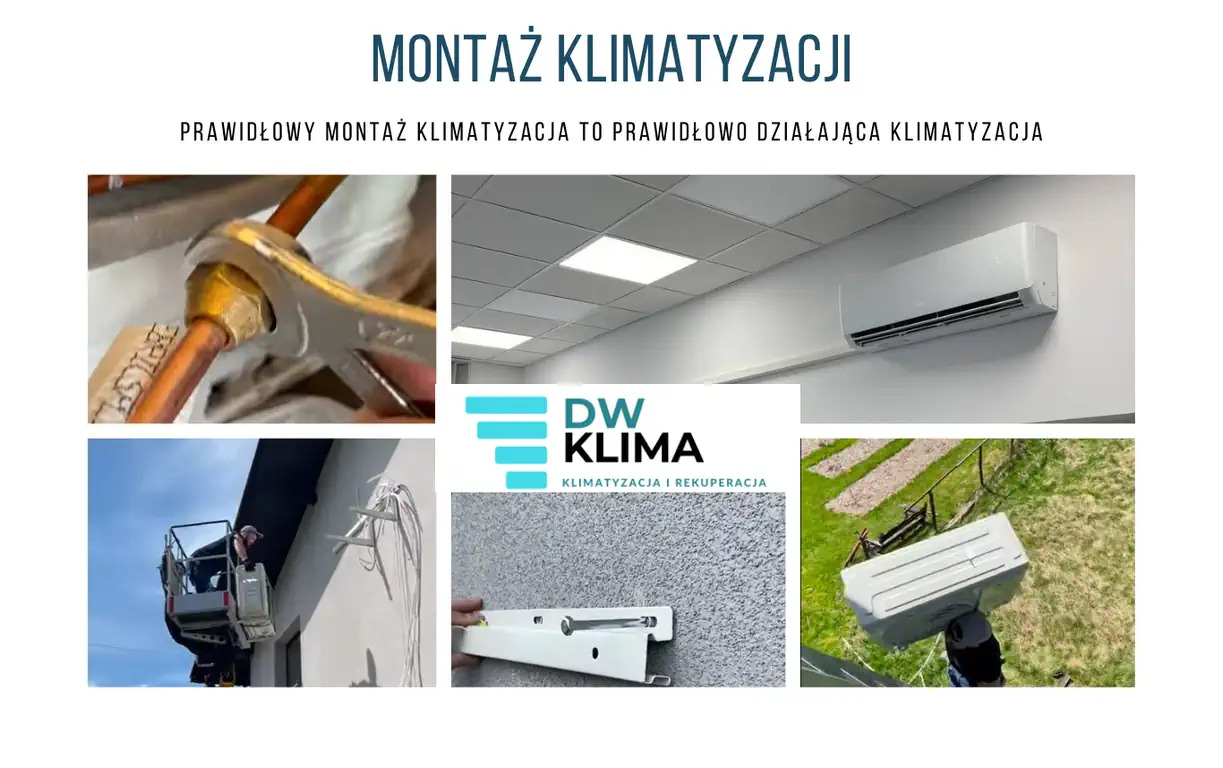Kolaż zdjęć z montażu klimatyzacji: spawanie rur miedzianych, zamontowany klimatyzator w biurze, pracownik na podnośniku podczas montażu zewnętrznej jednostki, wspornik montażowy na ścianie...