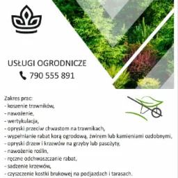 Grafika reklamowa usług ogrodniczych z ilustracją różnorodnych krzewów iglastych i liściastych, logo firmy, numerem telefonu i listą oferowanych prac.