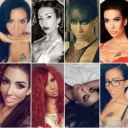 Centrum Stylizacji Porto - Kolaż ośmiu portretów tej samej kobiety z różnymi stylizacjami makijażu, zróżnicowane oświetlenie i kolory włosów, widoczne tatuaże na dekolcie, różny stopień retuszu i filtry.