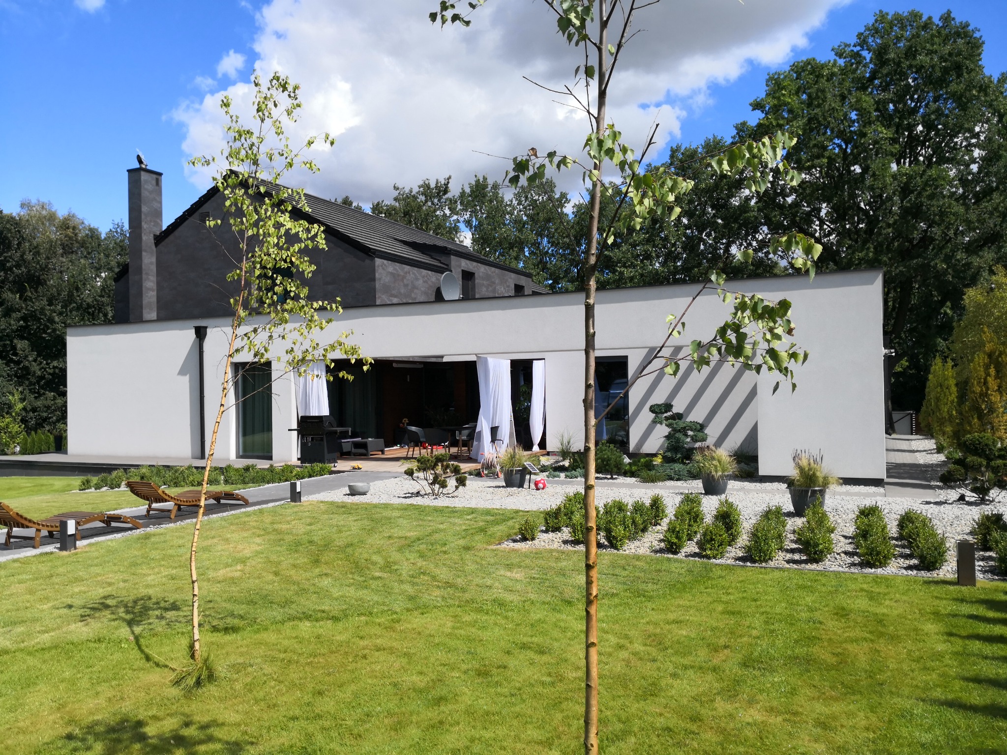 Nowoczesny dom jednorodzinny z płaskim dachem i szarą elewacją, otoczony zadbanym trawnikiem, roślinami ozdobnymi i drzewami liściastymi w słoneczny dzień.