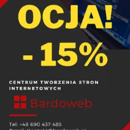 Grafika reklamowa z żółtym napisem PROMOCJA! -15% na tle rozmytego ekranu laptopa z kodem, poniżej nazwa firmy Bardoweb i dane kontaktowe.