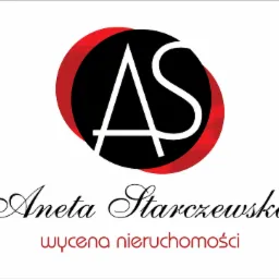 Logo firmy Aneta Starczewska z tekstem 'wycena nieruchomości', litery AS w białym kolorze na czarno-czerwonym tle.