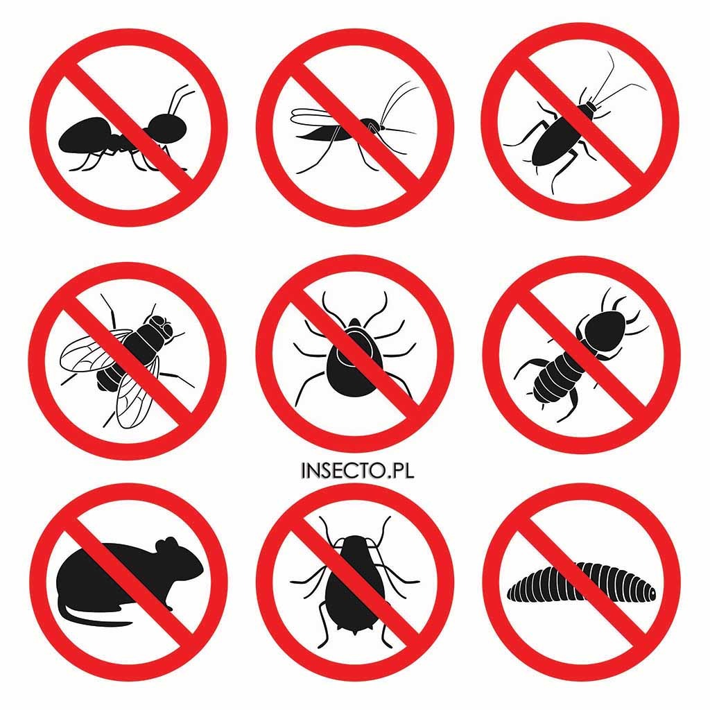 Zbiór ikon przedstawiających zakazane szkodniki, takie jak mrówka, komar, karaluch, mucha, kleszcz, termit, mysz, pluskwa i larwa, umieszczonych w czerwonych przekreślonych okręgach, z adresem...