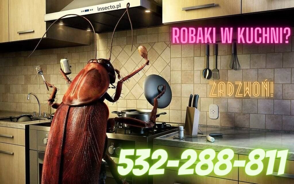 Animowana postać karalucha w kuchni z napisem 'Robaki w kuchni? Zadzwoń!' i numerem telefonu podświetlonym na zielono, sugerująca problem z insektami.
