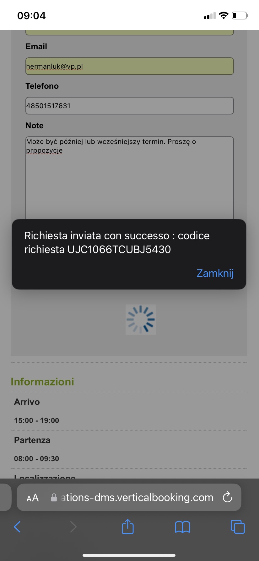 Zrzut ekranu z telefonu z formularzem rezerwacji online, potwierdzenie wysłania zapytania z kodem UJC1066TCUBJ5430, dane kontaktowe i notatka o preferowanym terminie, widoczny w Nekla.