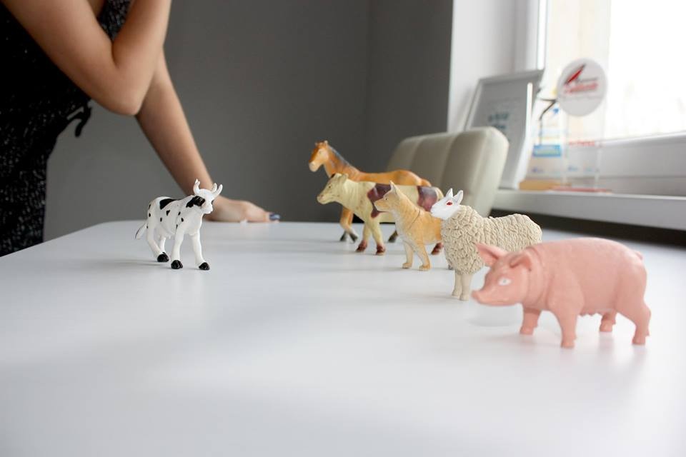 Figurki zwierząt (krowa, koń, owca, świnia) ustawione na białym stole, używane podczas terapii z dzieckiem, widoczna ręka terapeuty.