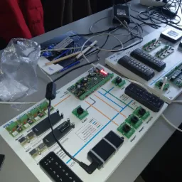 Zestaw demonstracyjny systemu kontroli dostępu Roger z klawiaturami, czytnikami kart i modułami komunikacyjnymi na schemacie blokowym, widoczne diody LED i złącza.