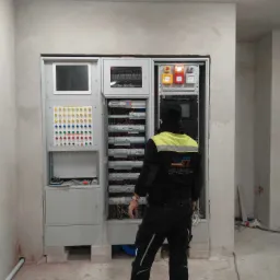 Elektryk w czarnym uniformie z żółtymi elementami, stojący przodem do rozdzielni elektrycznej w surowym wnętrzu, z widocznymi kablami i elementami sterującymi.