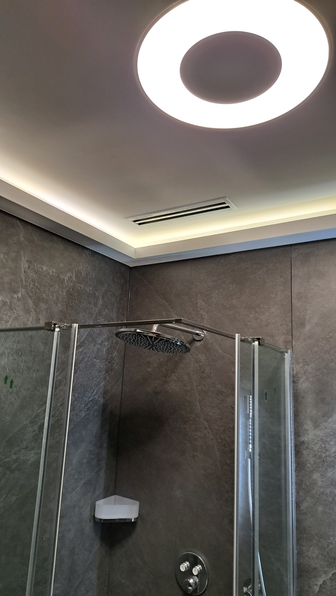 Nowoczesna kabina prysznicowa z deszczownicą, szklane drzwi, grafitowe płytki imitujące kamień, okrągłe oświetlenie sufitowe.