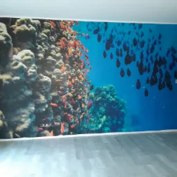 Ściana z fototapetą przedstawiającą podwodny krajobraz z rafą koralową i ławicą ryb, szara podłoga z paneli.