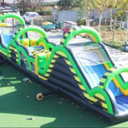 Długi, dmuchany tor przeszkód w kolorach zieleni, czerni i żółci, z elementami ślizgawki wodnej. Widoczne drzewa w tle.