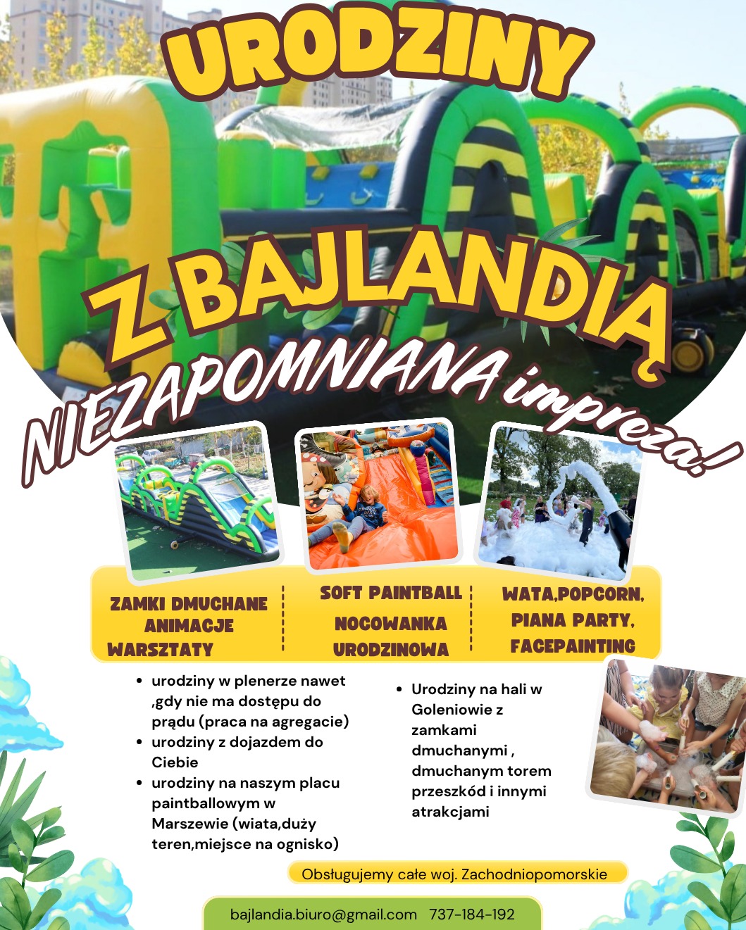 Dmuchany tor przeszkód 'Bajlandia' z okazji urodzin w Goleniowie. Atrakcje na imprezy plenerowe i w hali, w tym soft paintball, nocowanki i animacje.