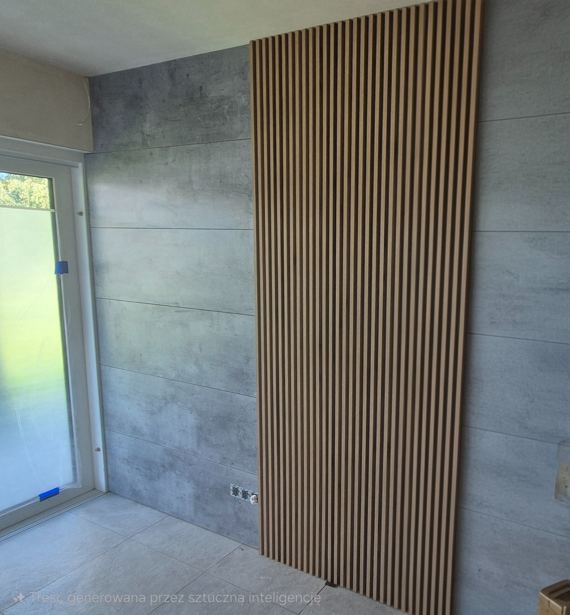 Panel ścienny z drewnianych listew na tle szarej ściany z płytek, widoczne gniazdka elektryczne i fragment okna. Nowoczesny design wnętrza.