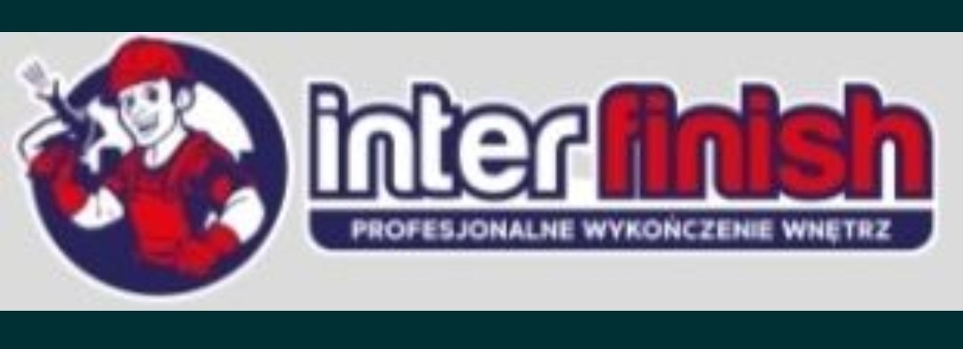 Logo firmy Interfinish z maskotką malarza trzymającego pistolet natryskowy i napisem 'Profesjonalne wykończenie wnętrz'.