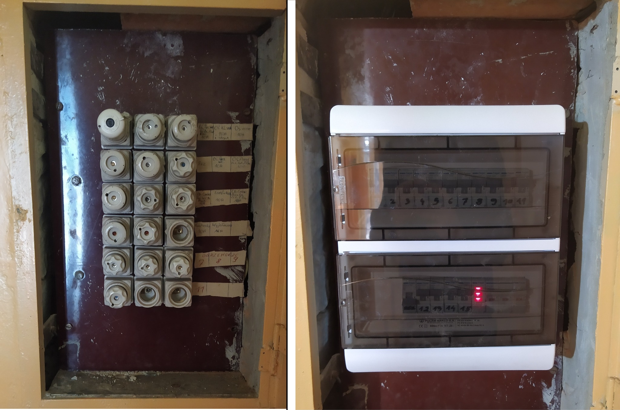 Porównanie: Stara tablica bezpiecznikowa z ceramicznymi wkładkami obok nowej, dwurzędowej tablicy z wyłącznikami nadprądowymi, widoczne oznaczenia obwodów i czerwona dioda sygnalizacyjna.
