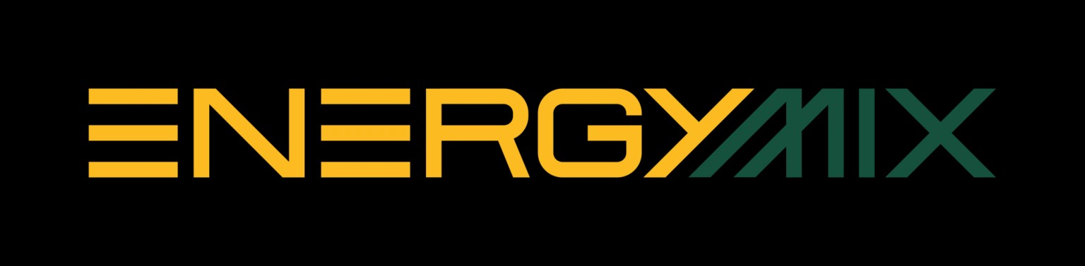 Logo firmy EnergyMix z napisem w kolorze żółtym i zielonym na czarnym tle.