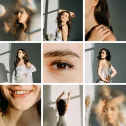 Kolaż z dziewięciu ujęć młodej kobiety we Wrocławiu, prezentujący różne zbliżenia twarzy, uśmiechu, oka, dłoni z pierścionkiem oraz sylwetki w naturalnym świetle.