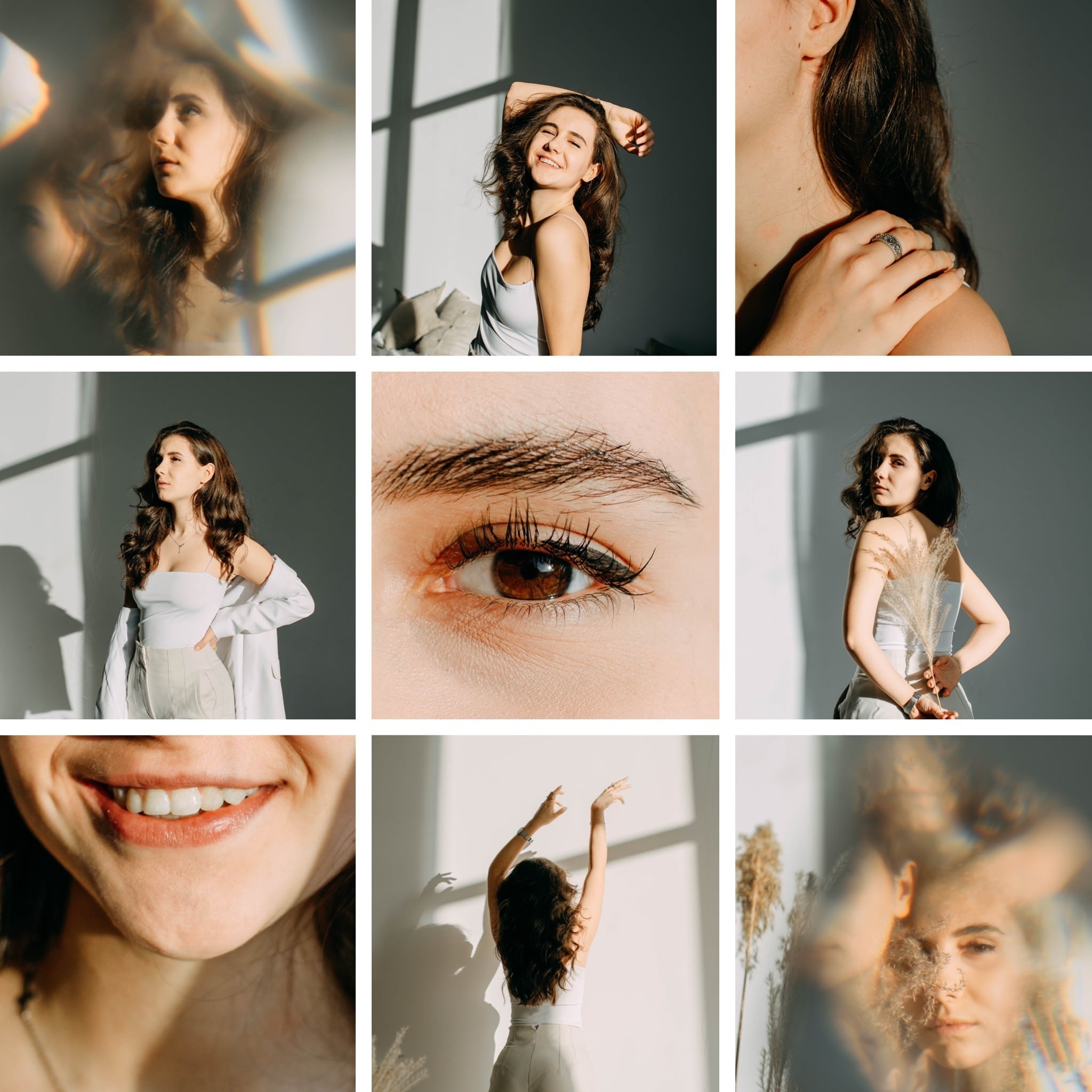 Kolaż z dziewięciu ujęć młodej kobiety we Wrocławiu, prezentujący różne zbliżenia twarzy, uśmiechu, oka, dłoni z pierścionkiem oraz sylwetki w naturalnym świetle.