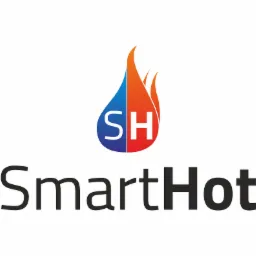 Logo firmy SmartHot: stylizowany płomień podzielony na niebieską kroplę i pomarańczowy ogień, z literami 'SH' wewnątrz, nad napisem 'SmartHot' w kolorze czarnym.