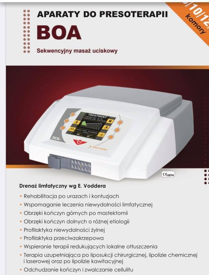 Aparat do presoterapii BOA z informacjami o drenażu limfatycznym wg E. Voddera, rehabilitacji po urazach i kontuzjach oraz innych zastosowaniach, takich jak wspomaganie leczenia niewydolności...