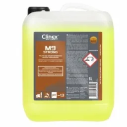 Kanister 5L z żółtym płynem do gruntownego mycia posadzek Clenex M9 Strong, przeznaczony do mycia maszynowego, z piktogramami ostrzegawczymi.