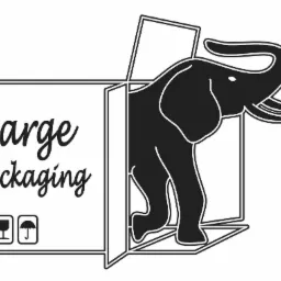 Grafika wektorowa przedstawiająca słonia wychodzącego z kartonowego pudła z napisem 'Large Packaging' i symbolami delikatnego obchodzenia się z zawartością.