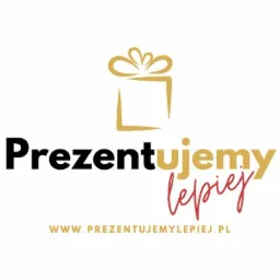 Logo firmy z abstrakcyjnym symbolem prezentu w kolorze złotym nad nazwą 'Prezentujemy lepiej' zapisaną czcionką w kolorze czarnym i czerwonym, poniżej adres strony internetowej.
