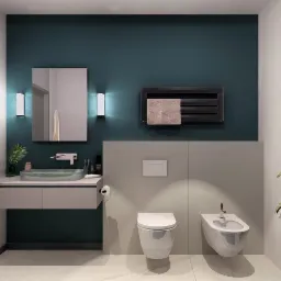 Nowoczesna łazienka z umywalką z przezroczystego szkła, wiszącą toaletą i bidetem, ciemnozieloną ścianą i grzejnikiem drabinkowym z ręcznikiem.