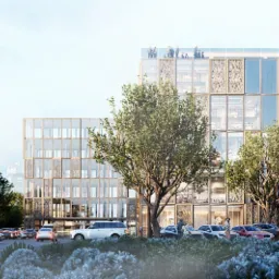 Wizualizacja nowoczesnego biurowca z przeszkloną fasadą i elementami dekoracyjnymi, zieleń miejska i zaparkowane samochody na pierwszym planie.