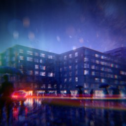 A79S Artur Sierosławski - Nocny widok na budynek mieszkalny w deszczu, z rozmytymi sylwetkami ludzi z parasolami i odbiciami świateł w mokrej nawierzchni. Efekt rozmycia dodaje artystycznego charakteru.