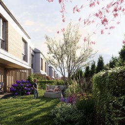 A79S Artur Sierosławski - Wizualizacja osiedla domów jednorodzinnych z ogrodem, gdzie widać relaksujących się ludzi. Uwagę przyciąga bujna roślinność i nowoczesna architektura budynków.