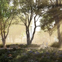 A79S Artur Sierosławski - Wizualizacja parku miejskiego z ławkami, ścieżką i bawiącymi się dziećmi w promieniach słońca. Realistyczny render z dbałością o detale roślinności i oświetlenia.