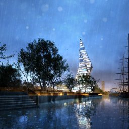 A79S Artur Sierosławski - Nocna wizualizacja budynku o futurystycznym kształcie, przypominającym żagiel, odbijającego się w wodzie. Obok zacumowany żaglowiec, pada deszcz.