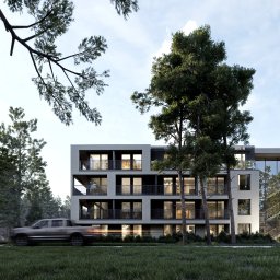 Wizualizacja nowoczesnego apartamentowca z balkonami, otoczonego zielenią i drzewami. Ujęcie z poziomu trawnika, z przejeżdżającymi samochodami.