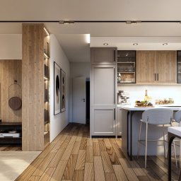 Nowoczesne wnętrze: drewniana podłoga, ściana z lameli, minimalistyczna kuchnia z wyspą i szarymi krzesłami barowymi. Oświetlenie punktowe i dekoracje.