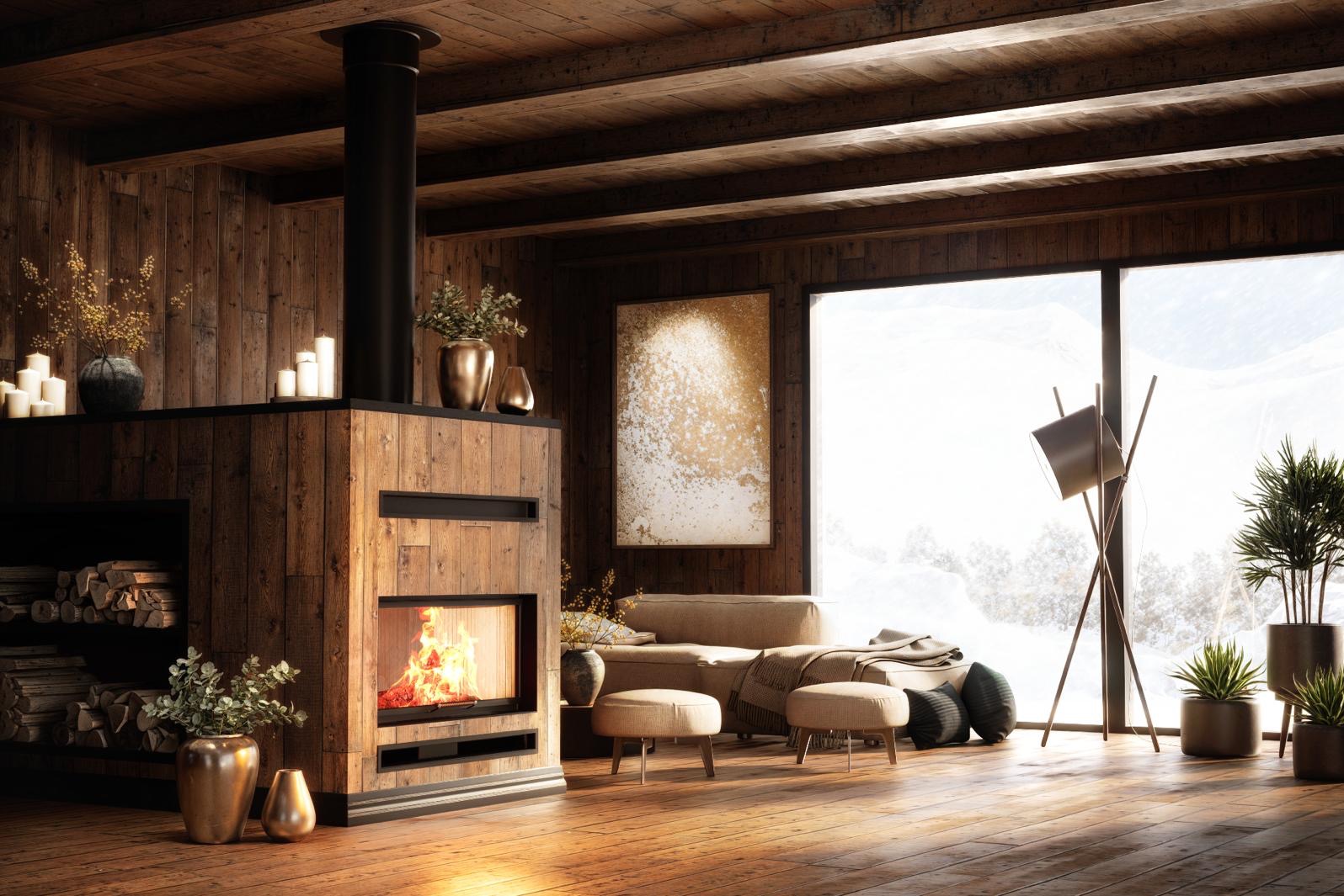 Rustykalny salon z drewnianą boazerią, kominkiem z paleniskiem, beżową sofą i widokiem na ośnieżone góry za oknem.