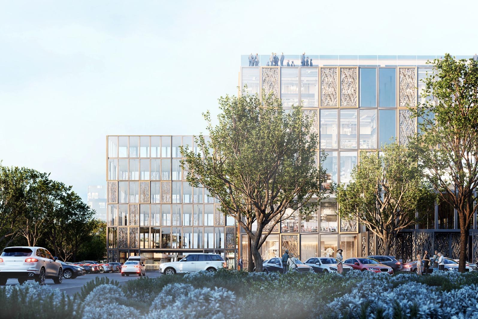 Wizualizacja nowoczesnego biurowca z przeszkloną fasadą i elementami dekoracyjnymi, zieleń miejska i zaparkowane samochody na pierwszym planie.