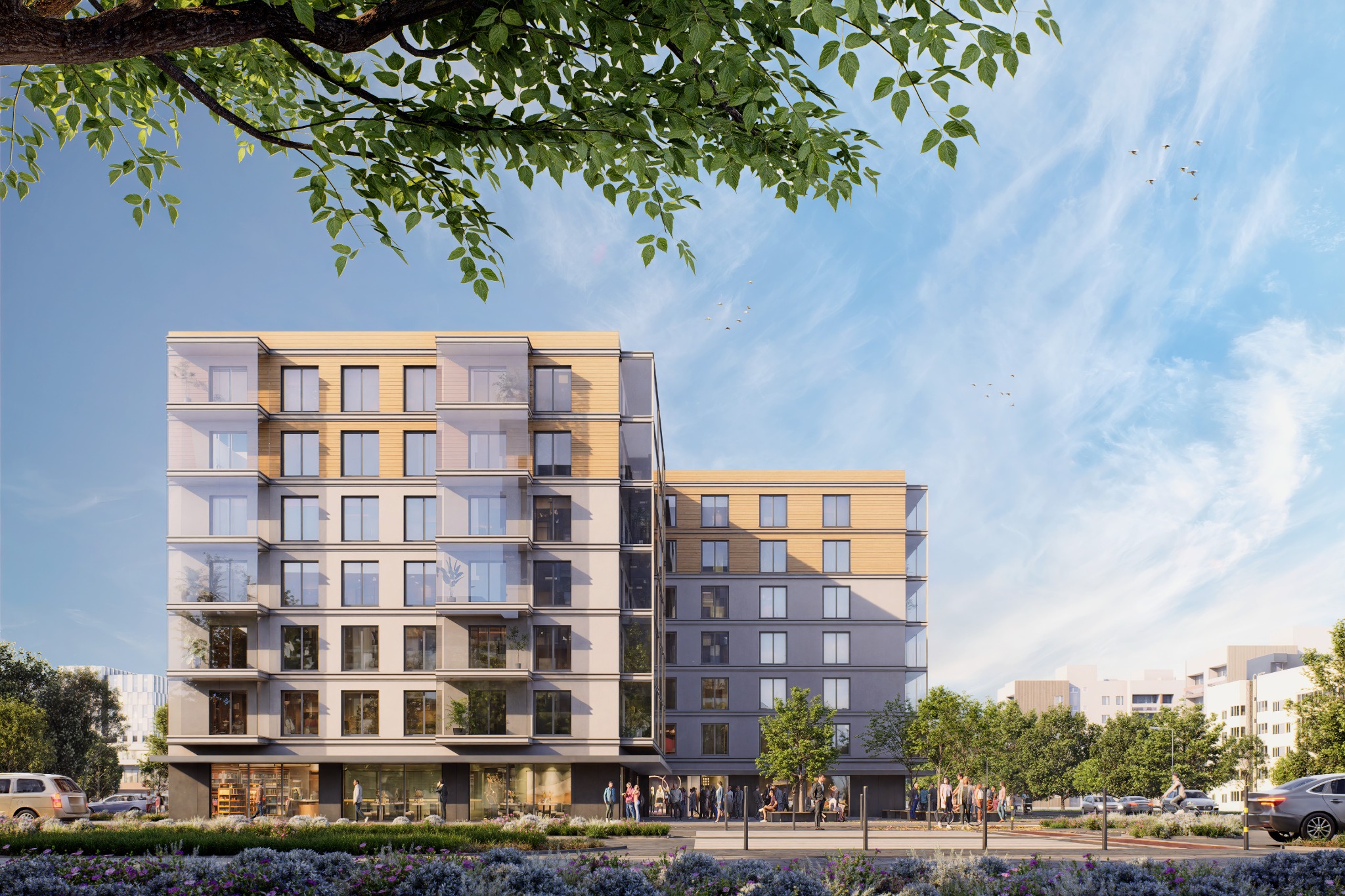 Wizualizacja budynku mieszkalnego z balkonami, zieleń w tle i na pierwszym planie, błękitne niebo z chmurami i ptakami. Realistyczny render architektoniczny.