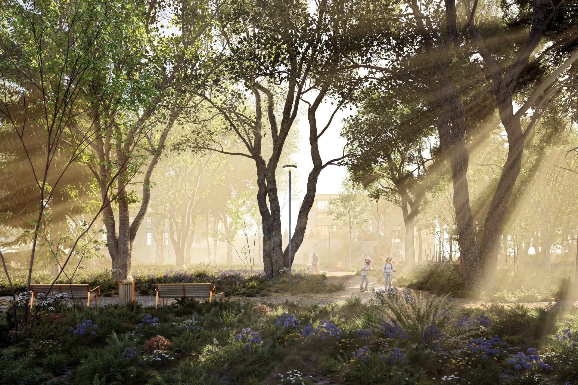 Wizualizacja parku miejskiego z ławkami, ścieżką i bawiącymi się dziećmi w promieniach słońca. Realistyczny render z dbałością o detale roślinności i oświetlenia.