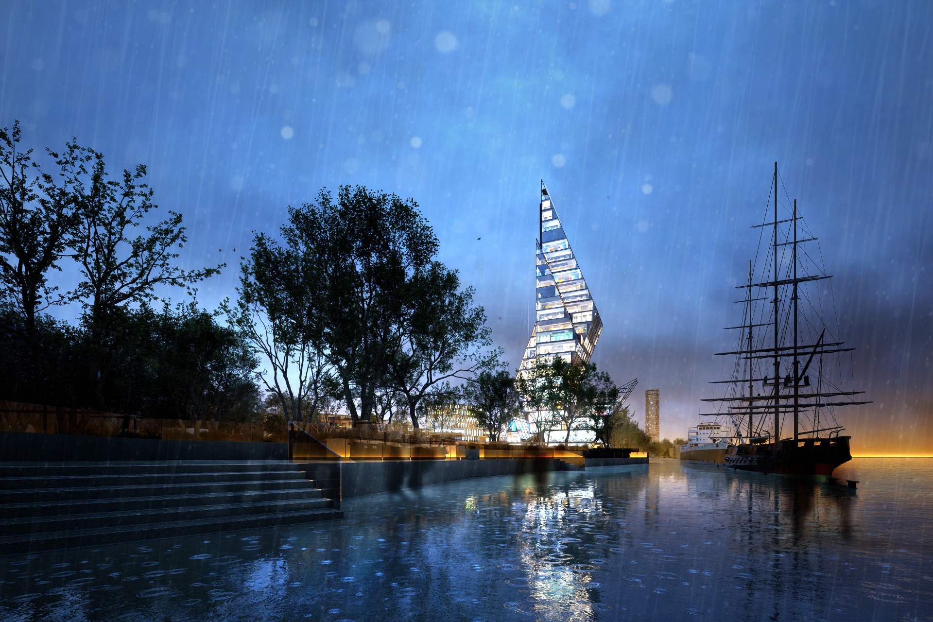 Nocna wizualizacja budynku o futurystycznym kształcie, przypominającym żagiel, odbijającego się w wodzie. Obok zacumowany żaglowiec, pada deszcz.