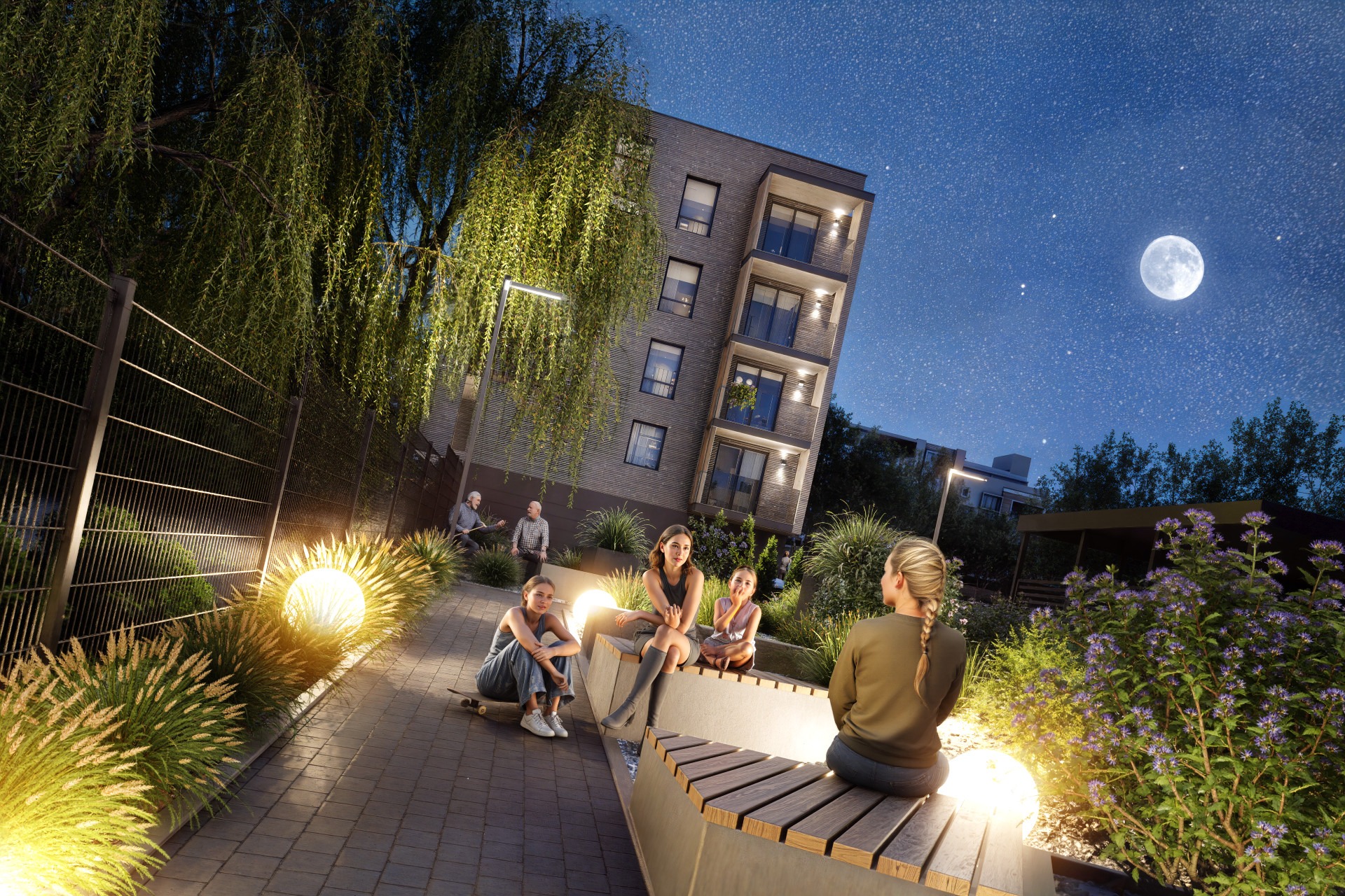 Nocny widok na nowoczesny budynek mieszkalny z oświetlonym dziedzińcem, gdzie siedzą ludzie. W tle księżyc i gwiazdy.